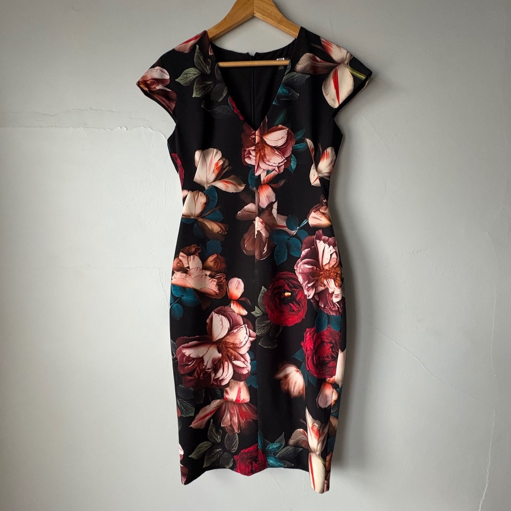 Black Halo Floral V-Neck Cap Sleeve Sheath Dress Black Red Size 4 - Picture 3 of 7